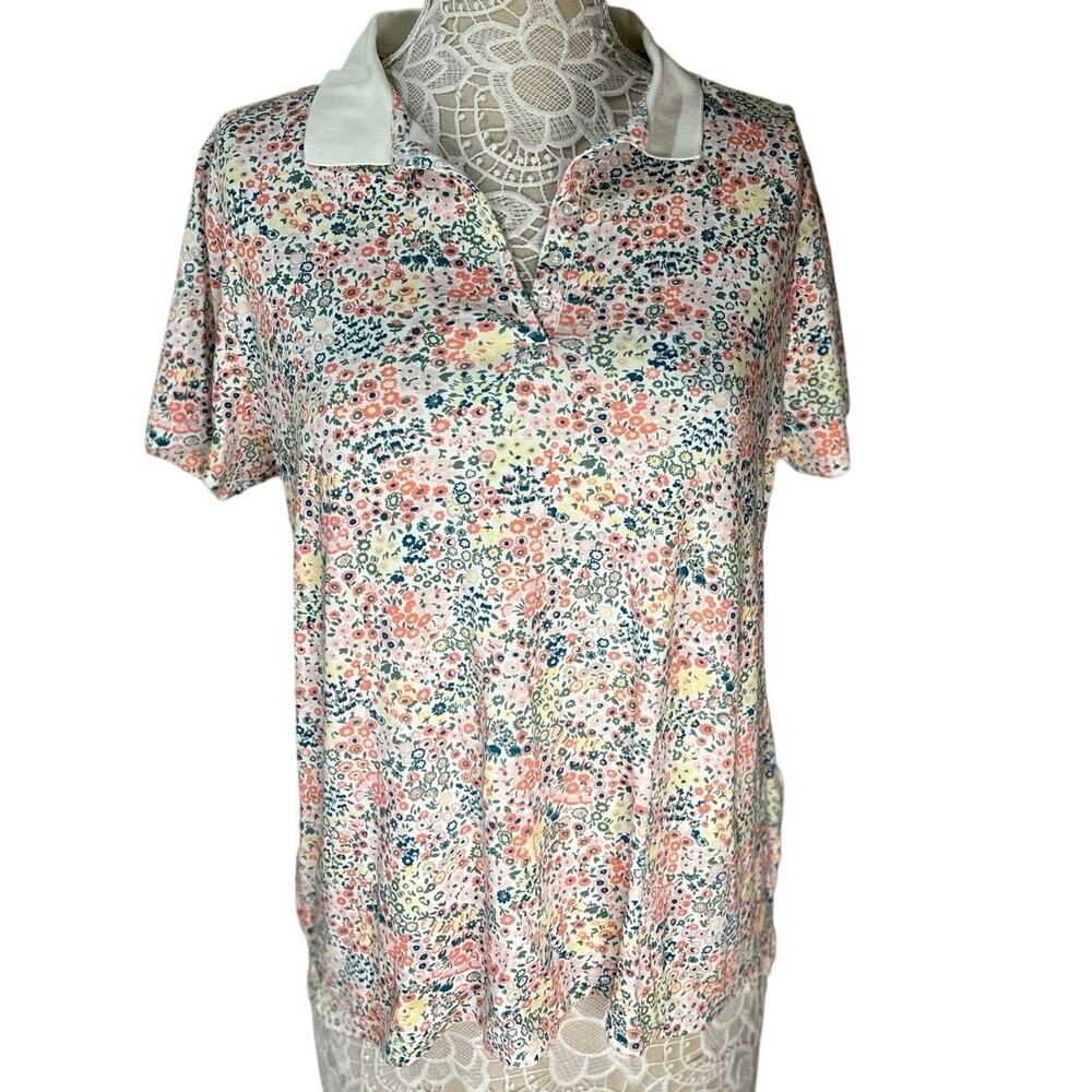 Lands End White Cotton Polo W/ Multicolor Floral Design- Womens XL- Cottagecore